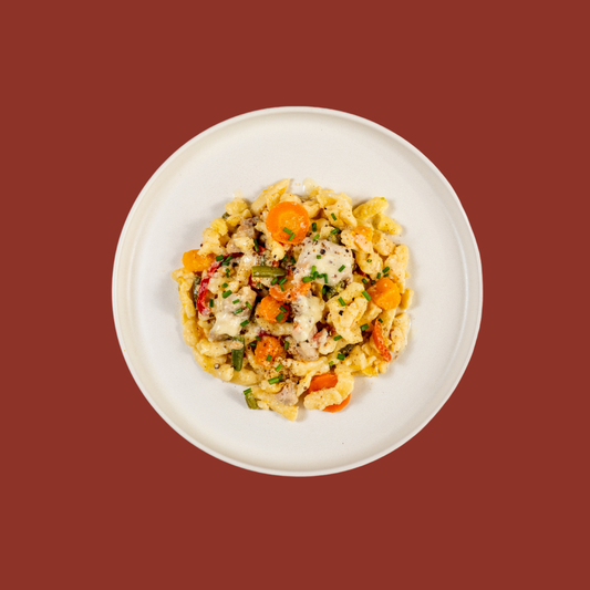 Poêlée de spätzli "petit suisse" au poulet et légumes à la moutarde douce - famille de 4pers.